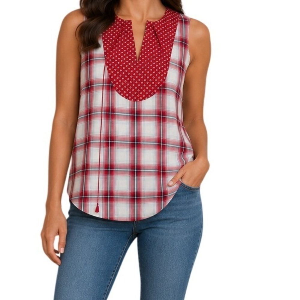 Roper Red White Blue Plaid Sleeveless Western Top Women's Large